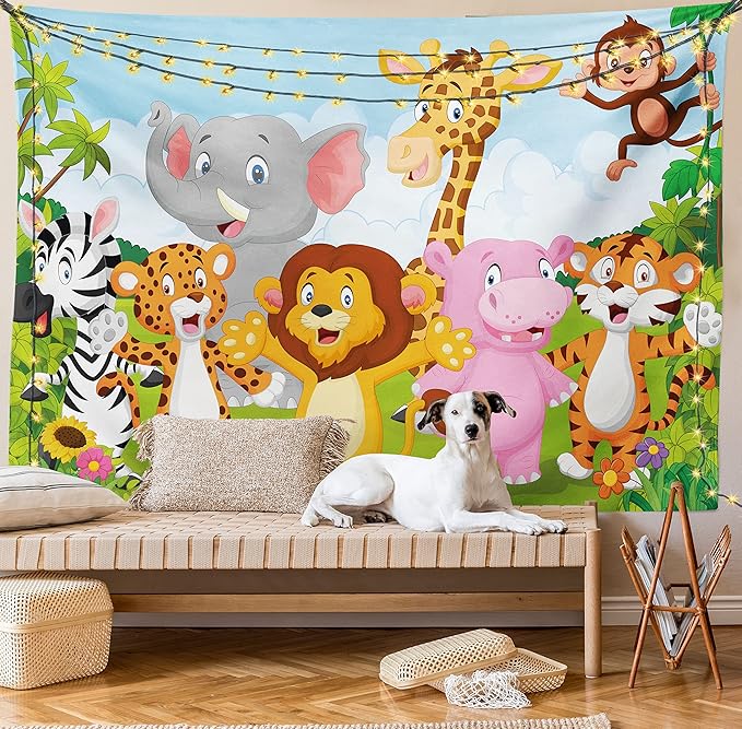 Ambesonne Cartoon Tapestry, Comic Savannah Animals Playful Friendly Savannah Jungle Happy Wildlife Nature, Fabric Wall Hanging Decor for Bedroom Living Room Dorm, 28" X 23", Green Brown