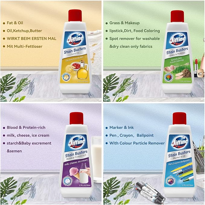 4 Pack 50ML 1.7 Fl Oz Stain Remover Clean Up Combo Set Spot for Various cosmetics,Fat &Oil,Marker & Ink,Blood & Protein