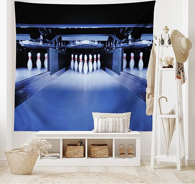 Ambesonne Bowling Party Tapestry, Symmetrical Bowling Pins on an Empty Alley Hobby Fun Challenge Theme, Fabric Wall Hanging Decor for Bedroom Living Room Dorm, 23" X 28", Blue White Red