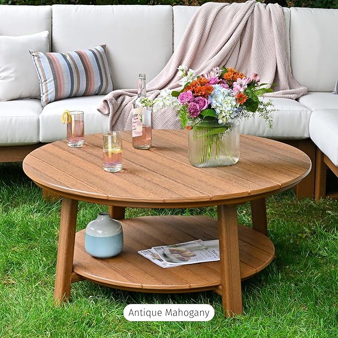 LuxCraft Deluxe Poly Round Outdoor Coffee Table, Two Tier Coffee Table, Round Conversation Tables for Outside Patio with Lower Shelf - Amish Made in USA (Dove Gray & Slate)