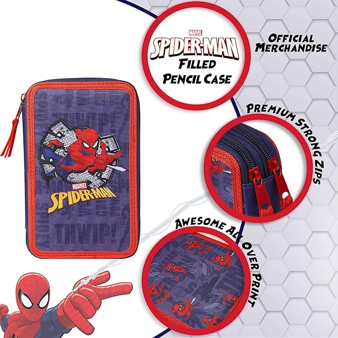 Marvel Boy's Pencil Case, Pencil Case with Compartments Filled School Supplies, Felt, Coloured Pencil, Spiderman Avengers Back to School Gift