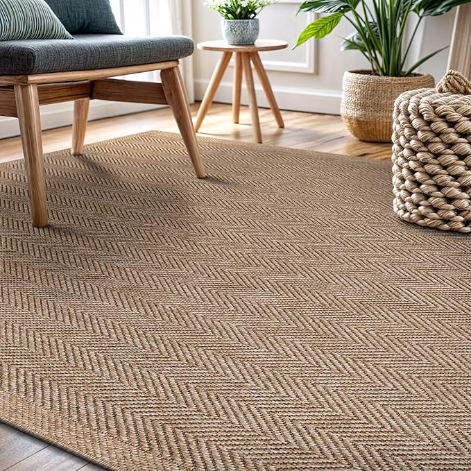 CAMILSON Easy Jute Rug 10x14, Indoor Outdoor Natural Color Fiber Area Rugs for Living Room Patio and Kitchen Rug Herringbone Woven Design Easy-Cleaning Washable Outside Carpet Alfombras 10 x 14