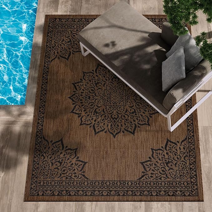 CAMILSON Outdoor Rug, Modern Area Rugs for Indoor and Outdoor Patios, Kitchen and Hallway mats, Washable Porch Deck Outside Carpet (6 x 9, Medallion Nut Brown)