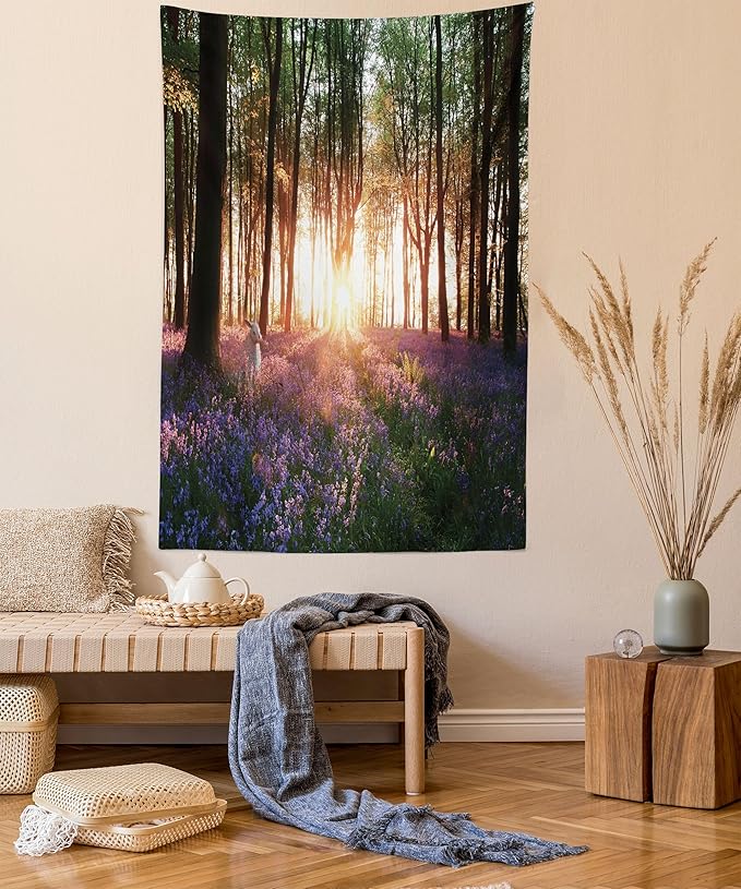 Ambesonne Forest Tapestry, Bluebell Woods Sunrise with White Rabbit Sunny Spring Day in Woodland, Fabric Wall Hanging Decor for Bedroom Living Room Dorm, 23" X 28", Purple Green
