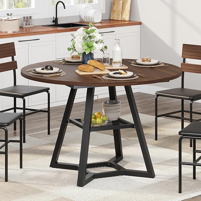 Round Dining Table for 4, Kitchen Tables Dining Room Circle Dinner Table with Pedestal Metal Frame, Space Saving Wood Industrial Kitchen & Dining Room Tables, Walnut 47In