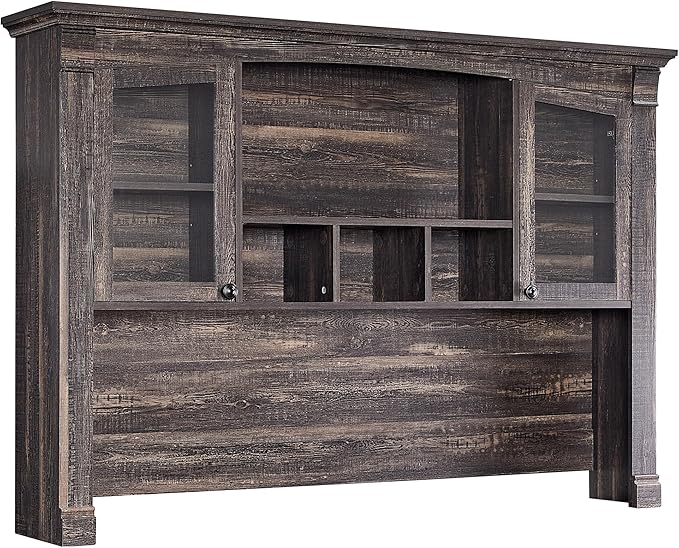 OKD Farmhouse Hutch for 60" Executive Desk, Office Desk Storage Cabinet with Glass Doors and Shelves, Top Hutch Organizer for Home Office - Dark Rustic Oak