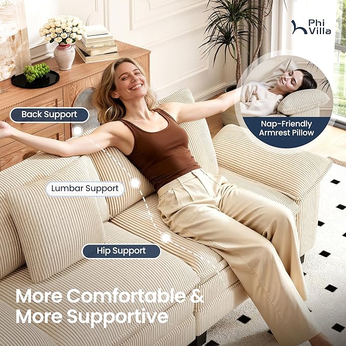 PHI VILLA Cloud Modular Couches Sets, 2 Pieces Sectional Loveseat Sofa Set, 4-Seater Comfy Couch for Living Room, Corduroy Fabric, Beige