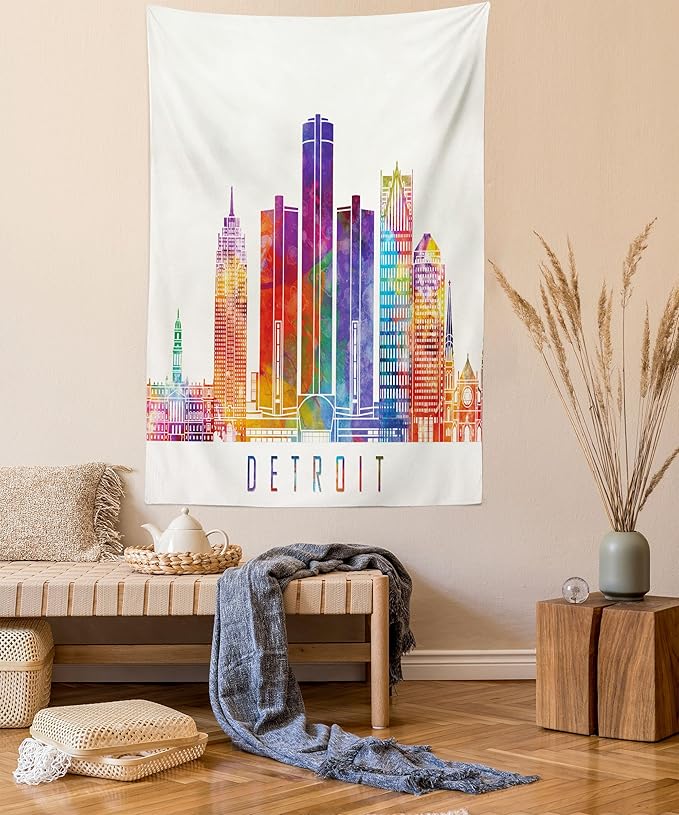 Ambesonne Detroit Tapestry Queen Size, Vibrant Colored Abstract Skyscrapers Modern Architecture Watercolor Style Landmarks, Wall Hanging Bedspread Bed Cover Wall Decor, 88" X 88", Ivory