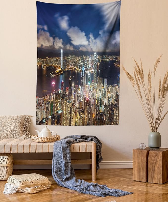 Ambesonne Cityscape Tapestry, Night View Hong Kong Victoria Harbor Business Financial District Cityscape Print, Wall Hanging for Bedroom Living Room Dorm Decor, 40" X 60", White Indigo