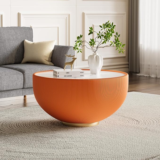 Round Coffee Table Set with Sintered Stone Tabletop, 29.53" Orange Drum Center Table and 19.69" Black Coffee Table Set, 2 Pieces Living Room Table Set with Fluted PU Leather Cover& Metal Base