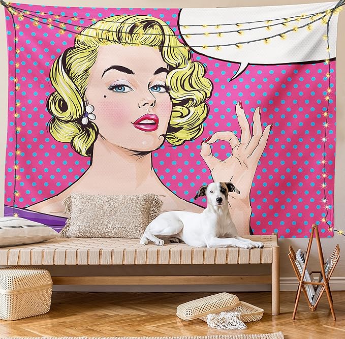 Ambesonne Vintage Tapestry King Size, Pop Art Blonde Woman Making OK Sign on Dotted Background Retro Comic Book Design, Wall Hanging Bedspread Bed Cover Wall Decor, 104" X 88", Pink Blue