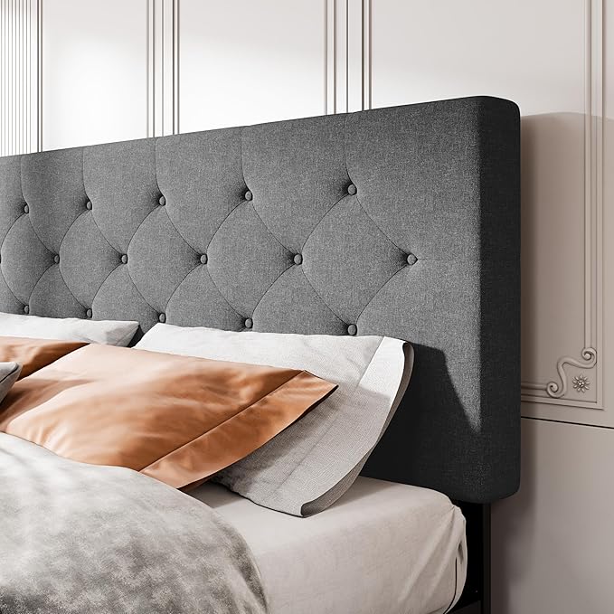 MUTICOR King Size Bed Frame with 4 Storage Drawers, Upholstered Platform Bed with Button Tufted Adjustable Headboard, No Box Spring Needed, Easy Assembly, Diamond Tufted, Dark Grey Fabric
