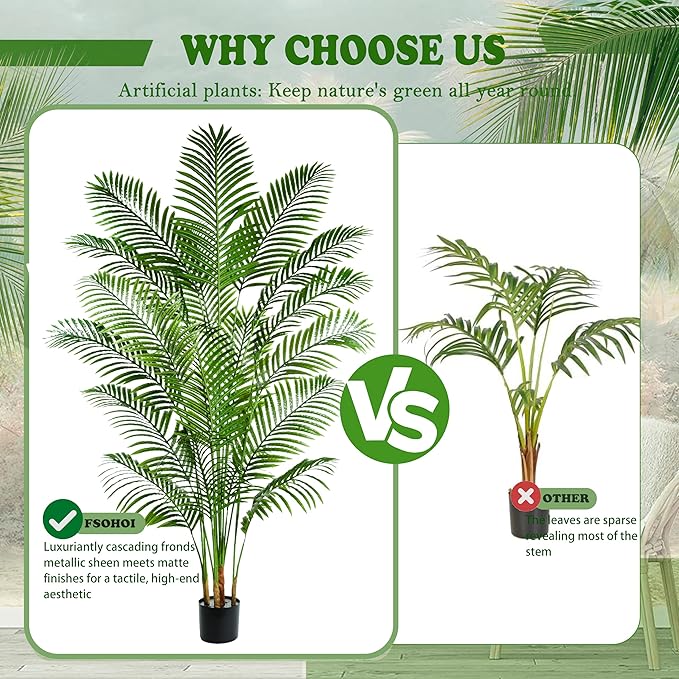 Artificial Palm Tree 7FT Artificial Plants Indoor Tropical Fake Palm Tree Areca Floor Plant in Black Pot with 18 Trunks & Real Bark Design, Faux Palm Plant for Outdoor Patio Home Room Office Decor