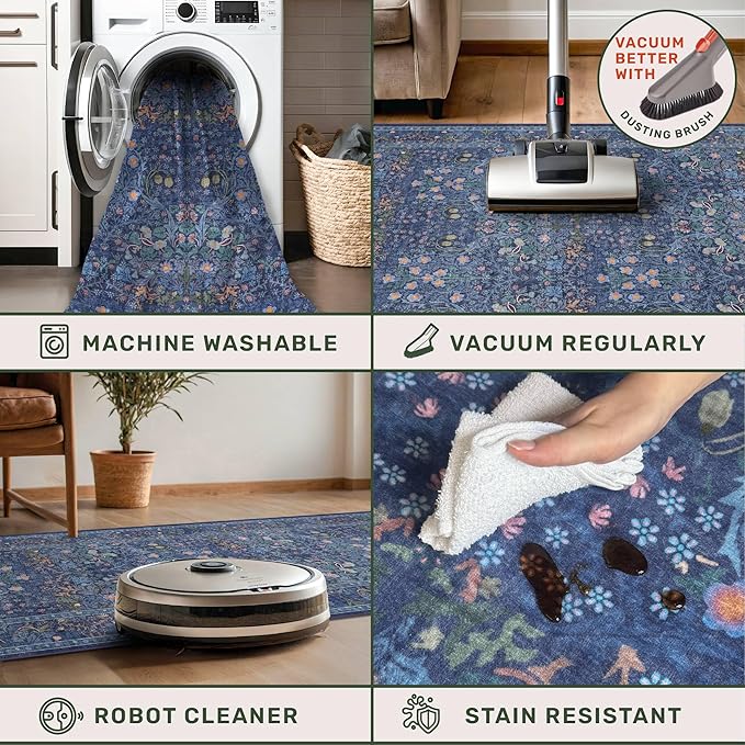 Vintage Dark Blue Living Room Rug, 7x10 Washable Large Area Rugs for Bedroom, Dining Room Rugs Under Kitchen Table, Oriental Navy Blue Low Pile Stain Resistant Non-Slip