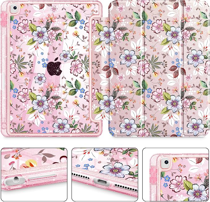 Mektron Sparkly Case for iPad 10.2 inch Glitter Tablet Cases for iPad 9th Gen 2021/8th Gen 2020/7th Gen 2019 Cover with Shiny Clear Back Shell Foldable Bling Smart Cover Blue Floral