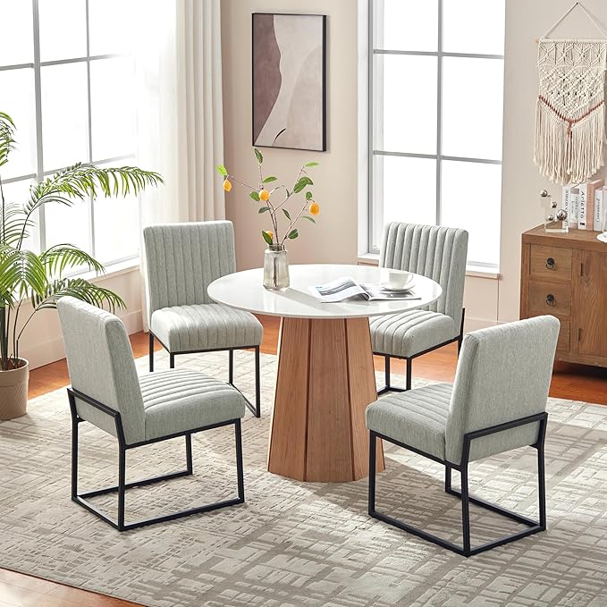 VKNOW Upholstered Dining Chairs Set of 4, Modern Dining Room Chairs with Stripe, Linen Kitchen Chair Dinner Chair with Black Metal Base for Kitchen Office, Light Grey