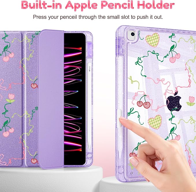 Mektron Sparkly Case for iPad 10.2 inch Glitter Tablet Cases for iPad 9th Gen 2021/8th Gen 2020/7th Gen 2019 Cover with Shiny Clear Back Shell Foldable Bling Smart Cover Blue Floral