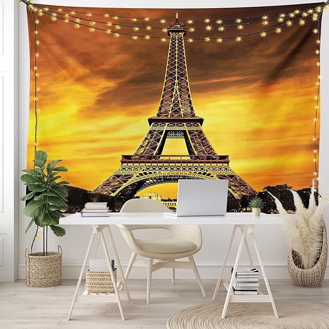 Ambesonne Eiffel Tower Tapestry King Size, Paris Love City Monument in Dramatic Sunrise Picture of French Landmark, Wall Hanging Bedspread Bed Cover Wall Decor, 104" X 88", Yellow Brown