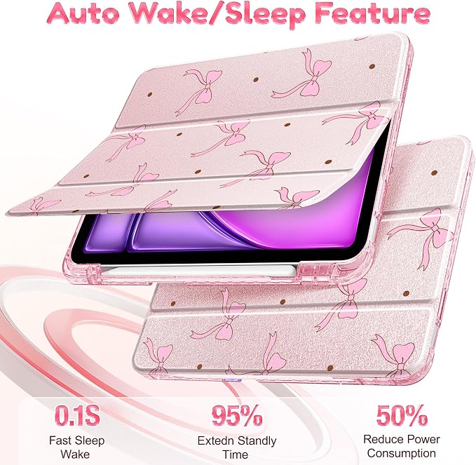for iPad Air 11 inch M4/M3/M2 (2026/2025/2024) iPad Air 5th/4th Gen (2022/2020) 10.9 inch with Pencil Holder Glitter Clear Pretevtive Cover Auto Wake/Sleep Black Cartoon Stickers