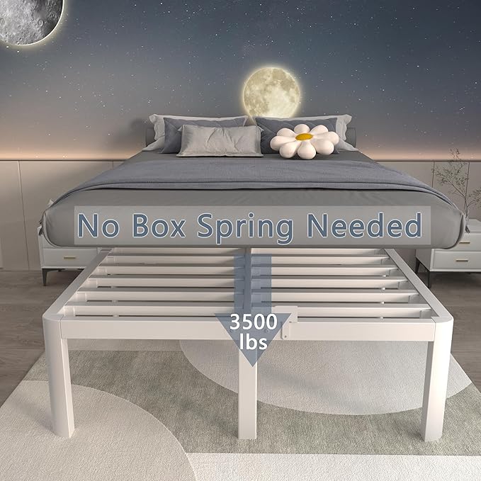 ITIMIDI 16 Inch Full White Bed Frames No Box Spring Needed, Metal Platform Bed Frame Full Size, Heavy Duty Steel Support 3500 LBS, Storage Space, Round Corner Legs, Noise Free, Easy Assembly