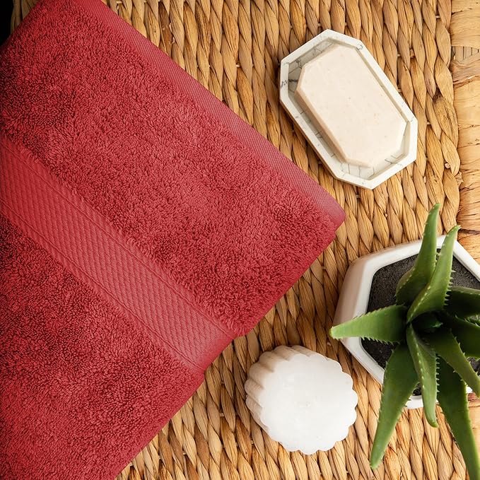 Superior Egyptian Cotton Pile Bath Towel Set of 2, Ultra Soft Luxury Towels, Thick Plush Essentials, Absorbent Heavyweight, Guest Bath, Hotel, Spa, Home Bathroom, Shower Basics, Red