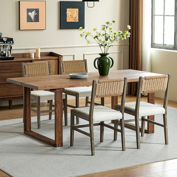 Chogori Wooden Dining Chairs, Modern Farmhouse Kitchen & Dining Room Accent Side Chairs with Woven Rope Back and Fabric Upholstered for Home, Living Room (Gray, Set of 2)