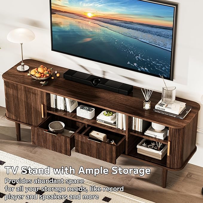 DAMCROP 62.4 Inch Fluted TV Stand, Modern Media Console Table with Sliding Tambour Door Farmhouse Sideboard Buffet Cabinet Fits TVs up to 75 inch, Wood Entertainment Center for Living Room(Dark Wood)