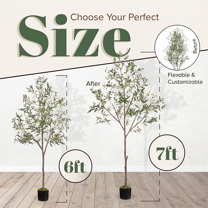 Olive Trees Artificial Indoor 7FT Tree with Rechargeable LED Spotlight, Decorative Moss & Weighted Pot – Tall Realistic Olive Plant for Home, Office, or Event Décor (7FT)