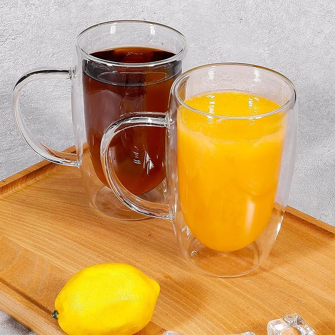 Clear Glass Double Wall Insulated Round Coffee Mugs Set of 6 Pieces - Large Size 16oz Best Reusable Coffee Mug for Home Cafe Restaurant Perfect for Espresso Capucinno Lungo Latte Coffee