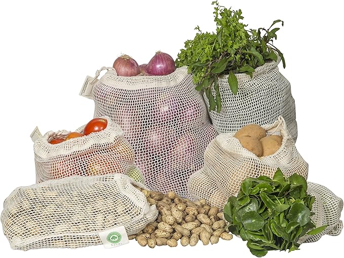 Mesh Grocery Bags - Veggie Bags Reusable - Reusable Mesh Fruit, Vegetable Bags - Eco-friendly Produce Bags - Cotton Net Bags for Produce - Reusable Bags for Produce | 6 Bags (3 XL, 3 L)