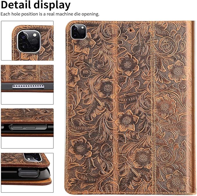 Gexmil Genuine Leather Case for iPad pro 11 Inch 2022/2021 4th/3rd Gen iPad Pro 11 2020/2018 Cover 2nd/1st Gen. CoverReal Leather Cowhide ShockproofFloral Pattern | Genuine Leather Cover for iPad P