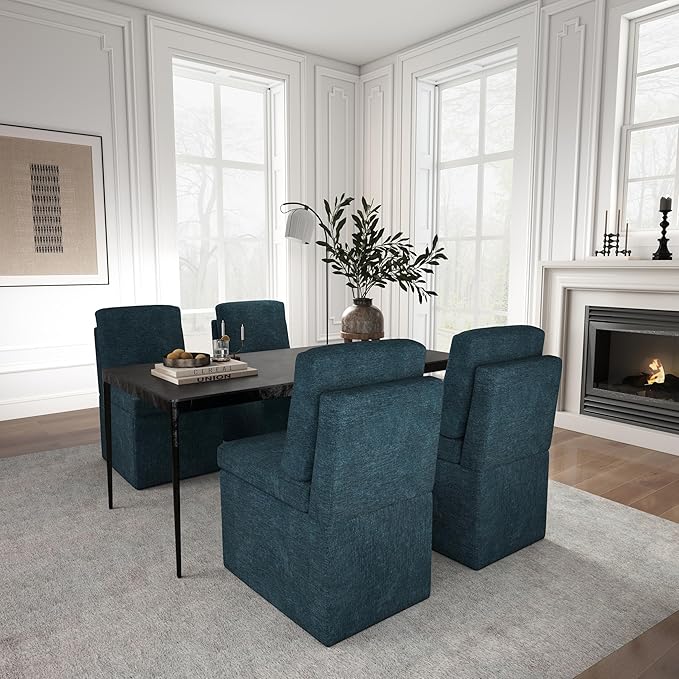 VKNOW Upholstered Dining Chairs Set of 4, Modern Kitchen Chairs with Storage, Linen Armchair Dinner Chair for Kitchen Dining Room Office Bedroom, Navy Blue
