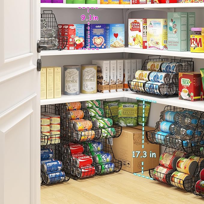 Stacking Can Dispensers 3 Tier with 3 Divider, Large Pantry Can Organizer, Beverage Drink Pop Soda Can Storage Basket, Can Holders for Pantry, Canned Food Rack Wire Bins for Kitchen Cabinet (3-Pack)