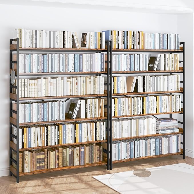 HCHQHS 6 Tier Bookshelf, Adjustable Industrial Bookcase, Vertical Tall Book Shelf, Wood and Black Metal Open Bookshelves for Home Office, Living Room, Bedroom