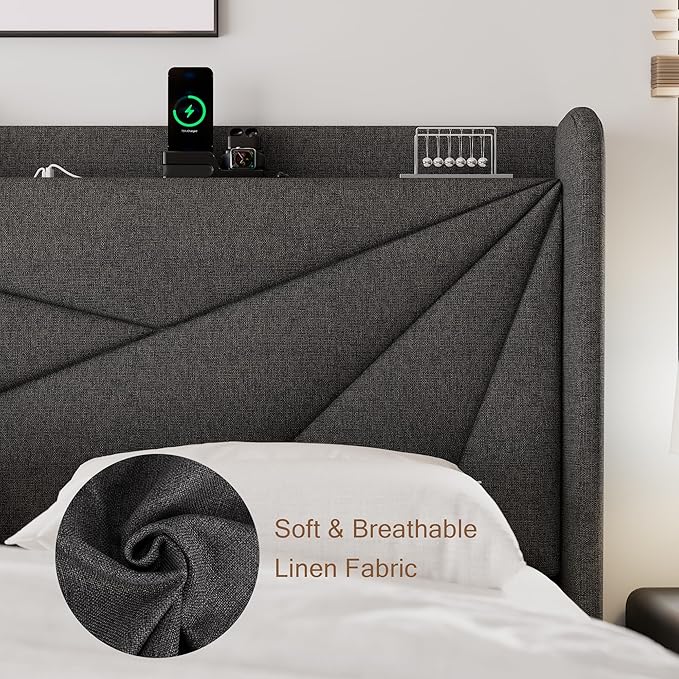 Full Size Upholstered Bed Frame with Charging Station, Platform Bed Frame with Storage Headboard, Solid Wood Slats Support, No Box Spring Needed, Dark Gray