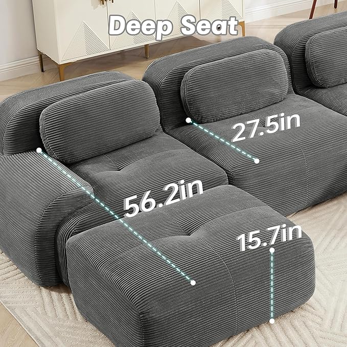 152" Modern Corduroy Cloud Sofa, Boneless Modular Large Sectional Couches for Living Room, Gray 4 Seater Compressed Memory Foam Couch, Extra Deep Seat, No Assembly