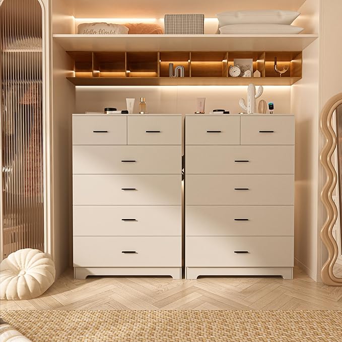 Dresser with Power Outlets Wooden 6 Drawer Dresser with Large Organizer White Tall Storage Organizer with Smooth Metal Rail Modern Chest of Drawers Closet for Bedroom Hallway