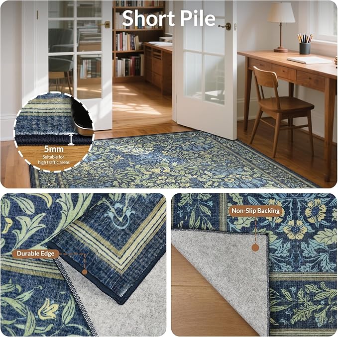 GENIMO 6x9 Washable Area Rug, Non-Slip Vintage Boho Floral Carpet, Soft Low-Pile Thin Living Room Rug for Bedroom, Dining Room, Nursery, Dark Blue
