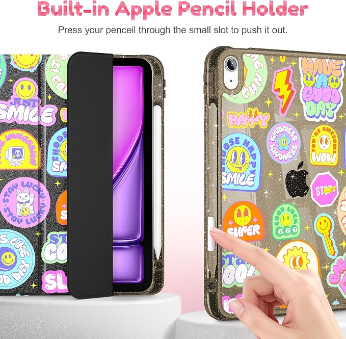 for iPad Air 11 inch M4/M3/M2 (2026/2025/2024) iPad Air 5th/4th Gen (2022/2020) 10.9 inch with Pencil Holder Glitter Clear Pretevtive Cover Auto Wake/Sleep Black Cartoon Stickers