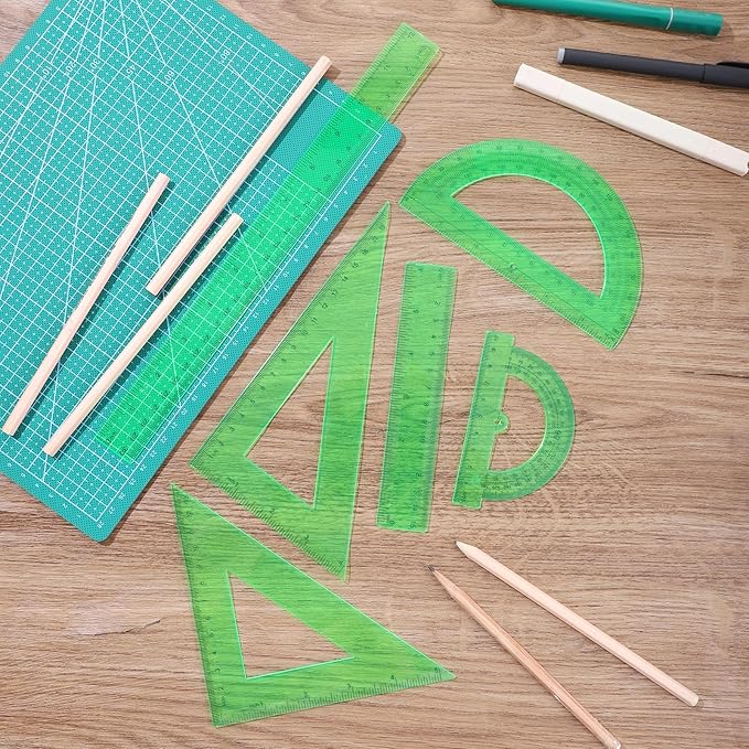 6Pcs Green Plastic Ruler Math Set Includes 12 & 6 Inch Straight Protractor Triangle Math Geometry Set Measuring Tool School Supplies Rulers for School Office Drawing Home
