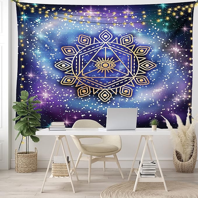 Ambesonne Geometry Tapestry, Celestial and Terrestrial Harmony of Cosmos Mandala Form on Nebula Art, Fabric Wall Hanging Decor for Bedroom Living Room Dorm, 28" X 23", Indigo