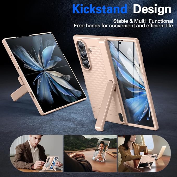 Magnetic for Samsung Galaxy Z Fold 7 Case+Screen Protector | [Hinge Protection] [Kickstand][Compatible with MagSafe] Full Body Protective Phone Case for Galaxy Z Fold 7 Gold