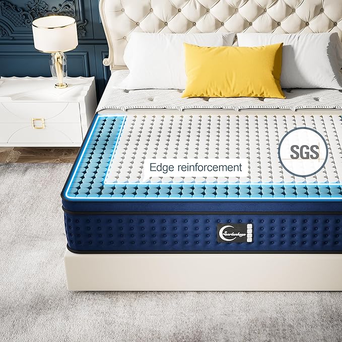 Memory Foam Innerspring Mattress - 14 Inch California King Size Mattress for Back Pain Relief, Medium Firm with Reinforced Edge Support, Navy