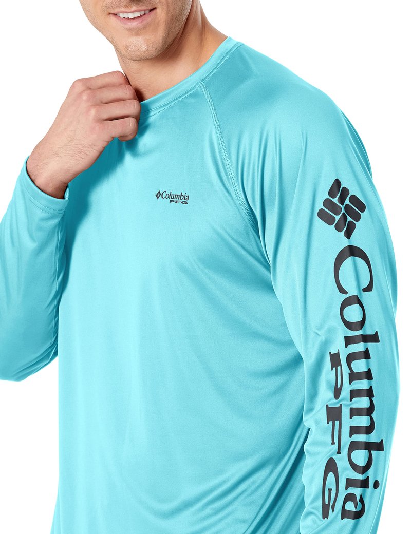 Columbia Men's PFG Terminal Tackle Long Sleeve Fishing Shirt, Gulf Stream/Black Logo, X-Small