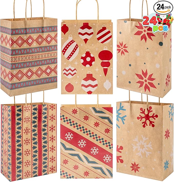 JOYIN 24 PCS Christmas Kraft Gift Bags Xmas Paper Goody Wrap Bags with Durable Handles and Non-Breaking Bottoms for Holidays, Birthdays, Classrooms and Party Favors (8.27 x 5.91 x 3.15)
