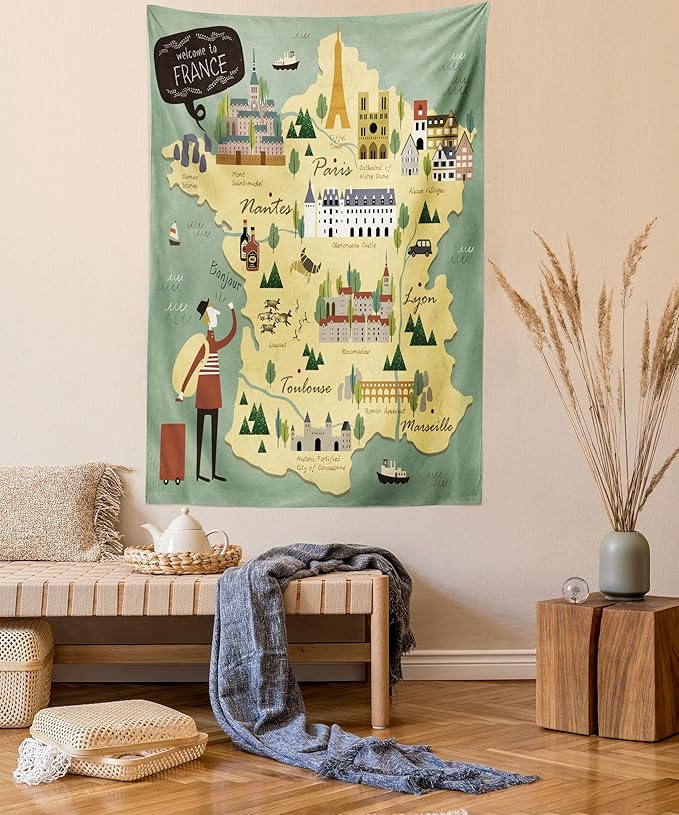 Ambesonne France Tapestry, Travelling Themed French Map with Famous Landmarks in Doodle Style Print, Fabric Wall Hanging Decor for Bedroom Living Room Dorm, 30" X 45", Teal Pale Yellow
