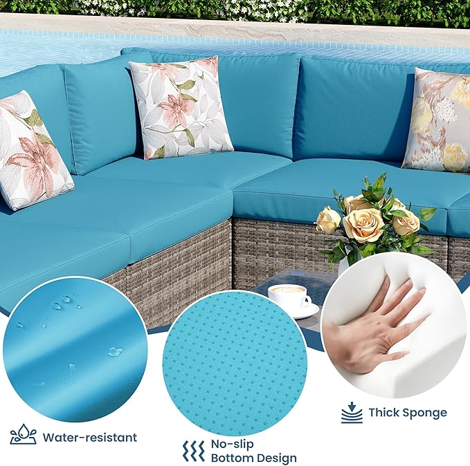 8 Pieces Outdoor Patio Furniture Set with 43" Fire Pit Table, Wicker Outdoor Patio Sectional Sofas with Coffee Table and Cushions, All-Weather Patio Conversation Set for Backyard Garden, Light Blue