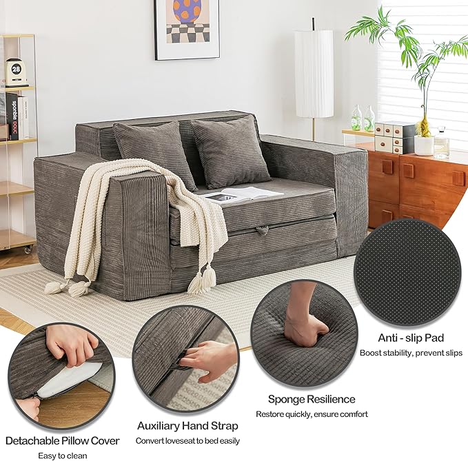 HOMREST 63" Convertible Memory Foam Loveseat Sofa, Pull Out Sleeper Sofa Bed, 2 in 1 Folding Couch Bed, Fold Out Floor Couch Corduroy Fabric with 2 Pillows for Living Room Bedroom Lounge (Grey)