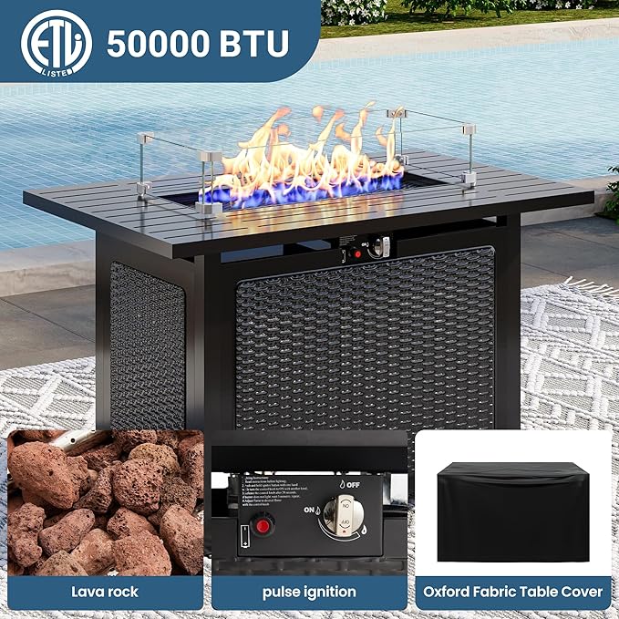 8 Pieces Outdoor Patio Furniture Set with 43" Fire Pit Table, Wicker Outdoor Patio Sectional Sofas Coffee Table, All-Weather Patio Conversation Set with Cushions for Garden Backyard, Navy Blue
