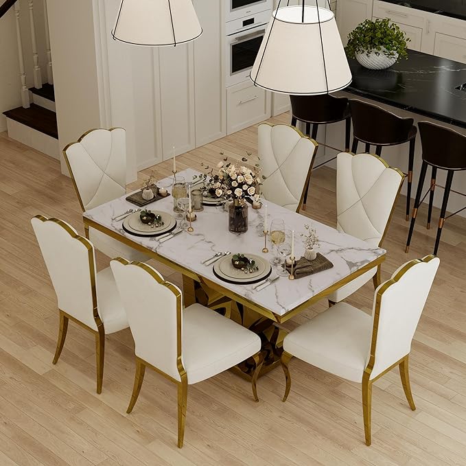 Luxury Dining Room Table with Gold Stainless Steel Metal U-Base in White Gold